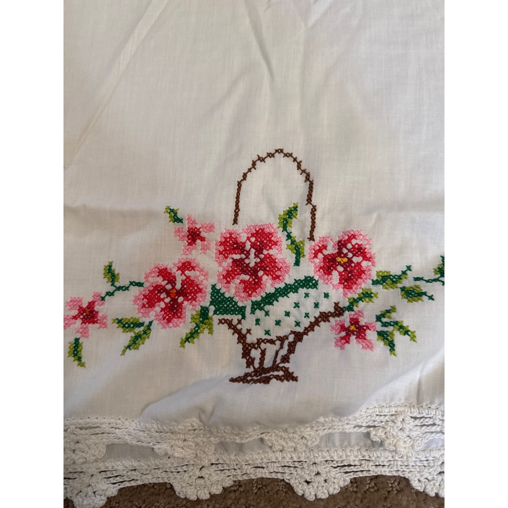Vintage Handmade Cross Stitch Floral Basket Pillowcase Lace Trim White Pink